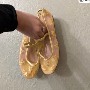 Yellow Floral Embroidered Ballet Flats with Strap